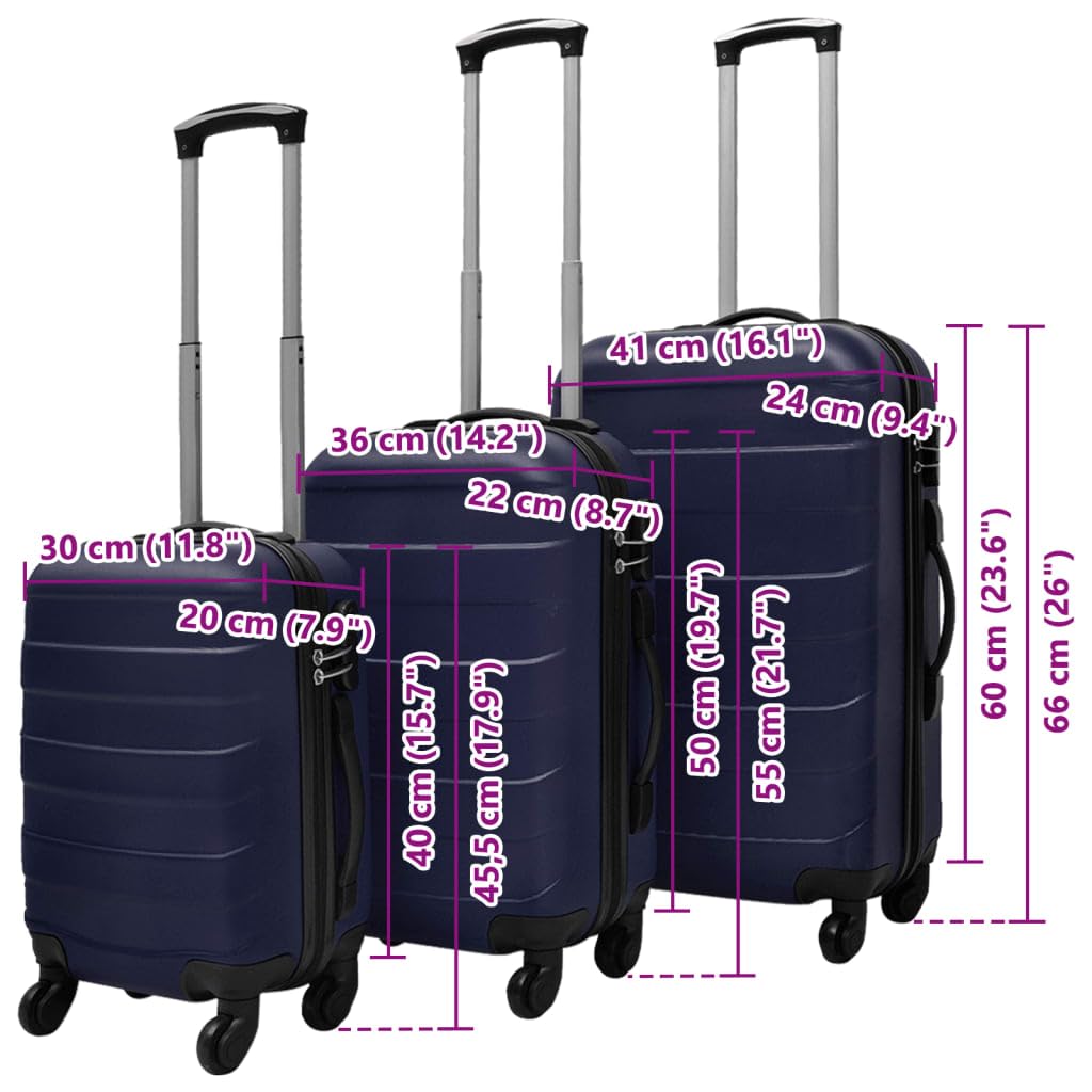 Set di 3 valigie rigide, 45,5 / 55 / 66 cm, in ABS, con ruote, serrature di sicurezza e ruote a 360 gradi, per un viaggio confortevole, Blu, 45,5 x 30 x 20 cm (L x B x H), moderno