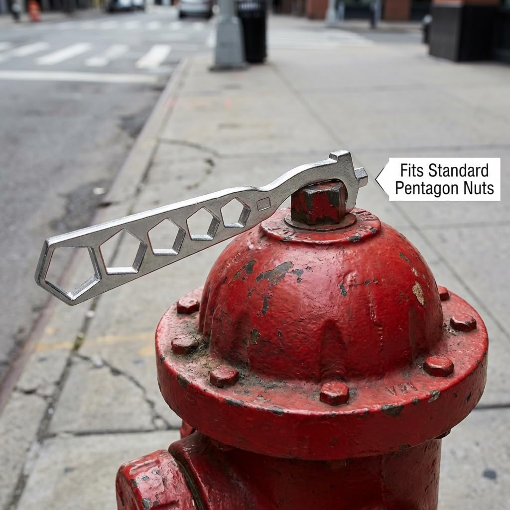QWORK 5-Hole Fire Hydrant Wrench 14-1/4", Galvanized Iron Construction – Fits Standard Pentagon Nuts for Outdoor Firefighting, Utility Work & Maintenance