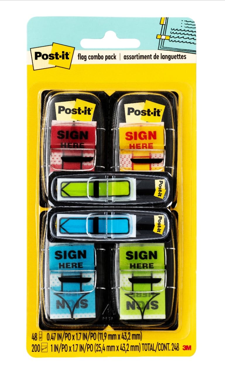 Post-itMessage Sign Here Flags Value Pack, 50/Dispenser, 4 Dispensers/Pack, 1 in Wide, Assorted Colors, Includes 48 Free Arrow Flags (680-SH4VA)