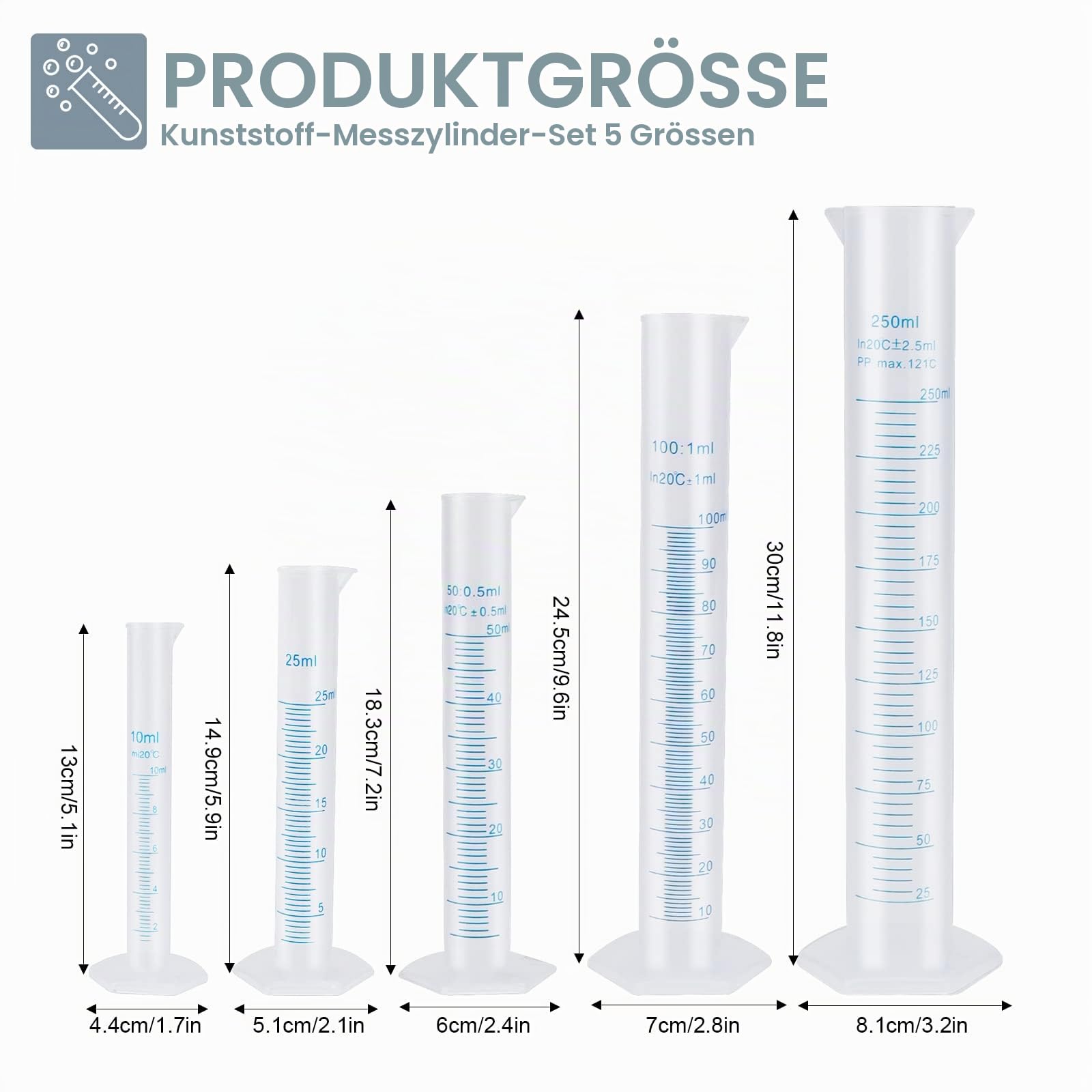 Messbecher aus Kunststoff, Messzylinder, Messbecher, Messwerkzeuge, Labor-Reagenzglas, Ausgießer, 10 ml, 25 ml, 50 ml, 100 ml, 250 ml, 5 Stück