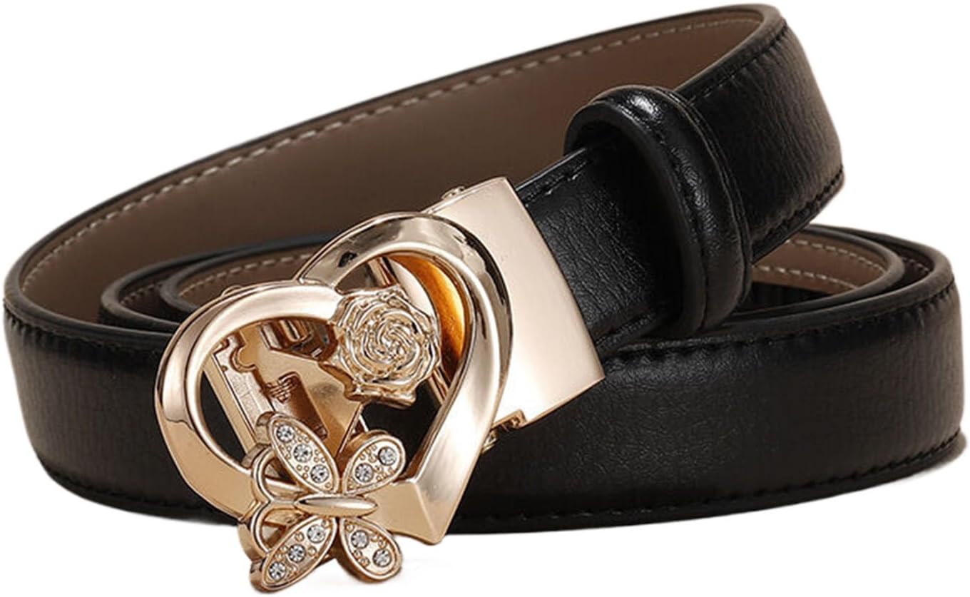 Damesratelriem, 2,4 cm verstelbare mode-casual dunne riem met letter V- patroon vierkante legering automatische gesp,zwart,110CM/43.3 Damesratelriem, 2,4 cm verstelbare mode-casual dunne riem met letter V- patroon vierkante legering automatische gesp,zwart,110CM/43.3