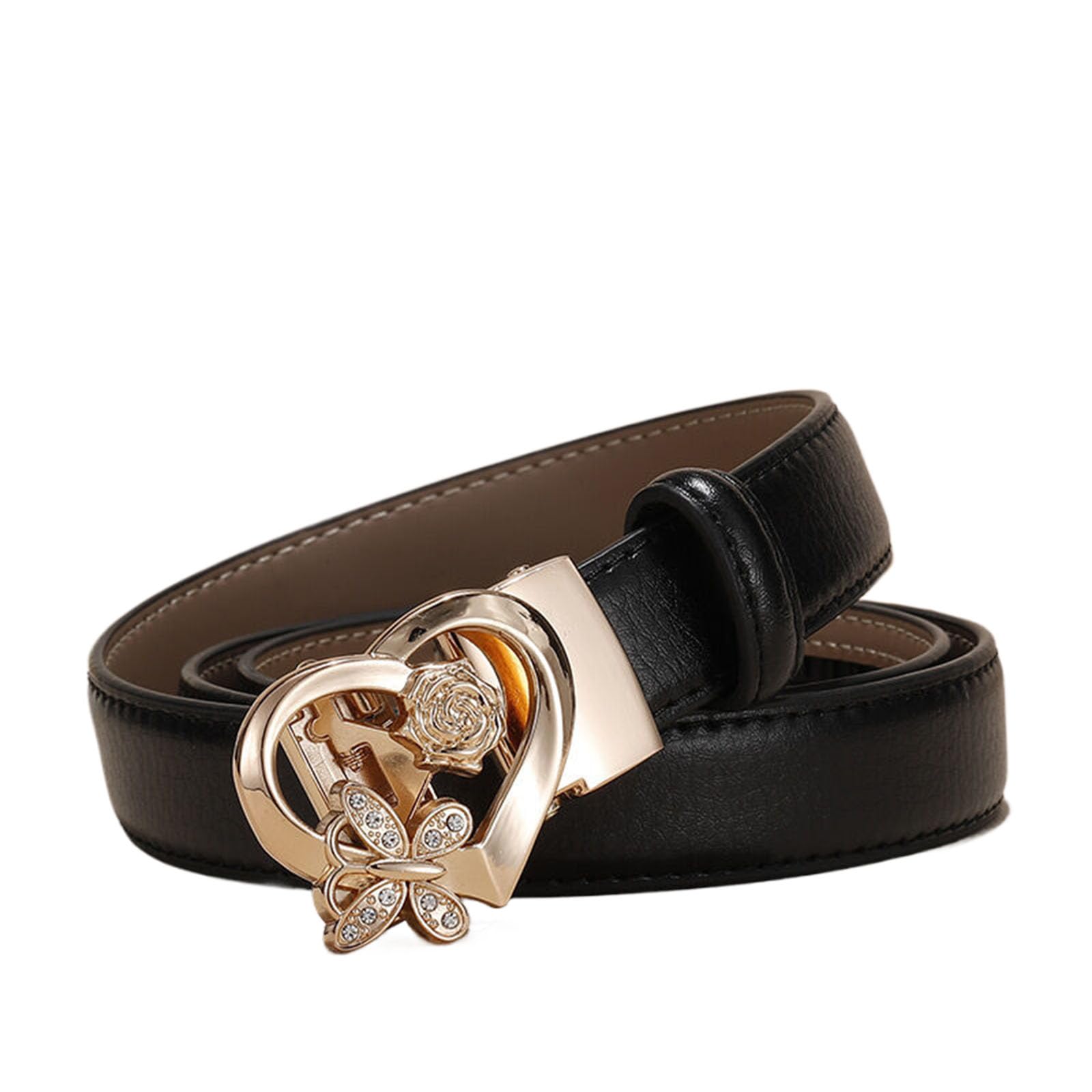 Wrjahcg Unisex Black Ratchet Belt Women, Adjustable Fashion 24Mm Thin Belt For Women With Hollow Pattern Alloy Automatic Buckle,,120Cm/47.3''
