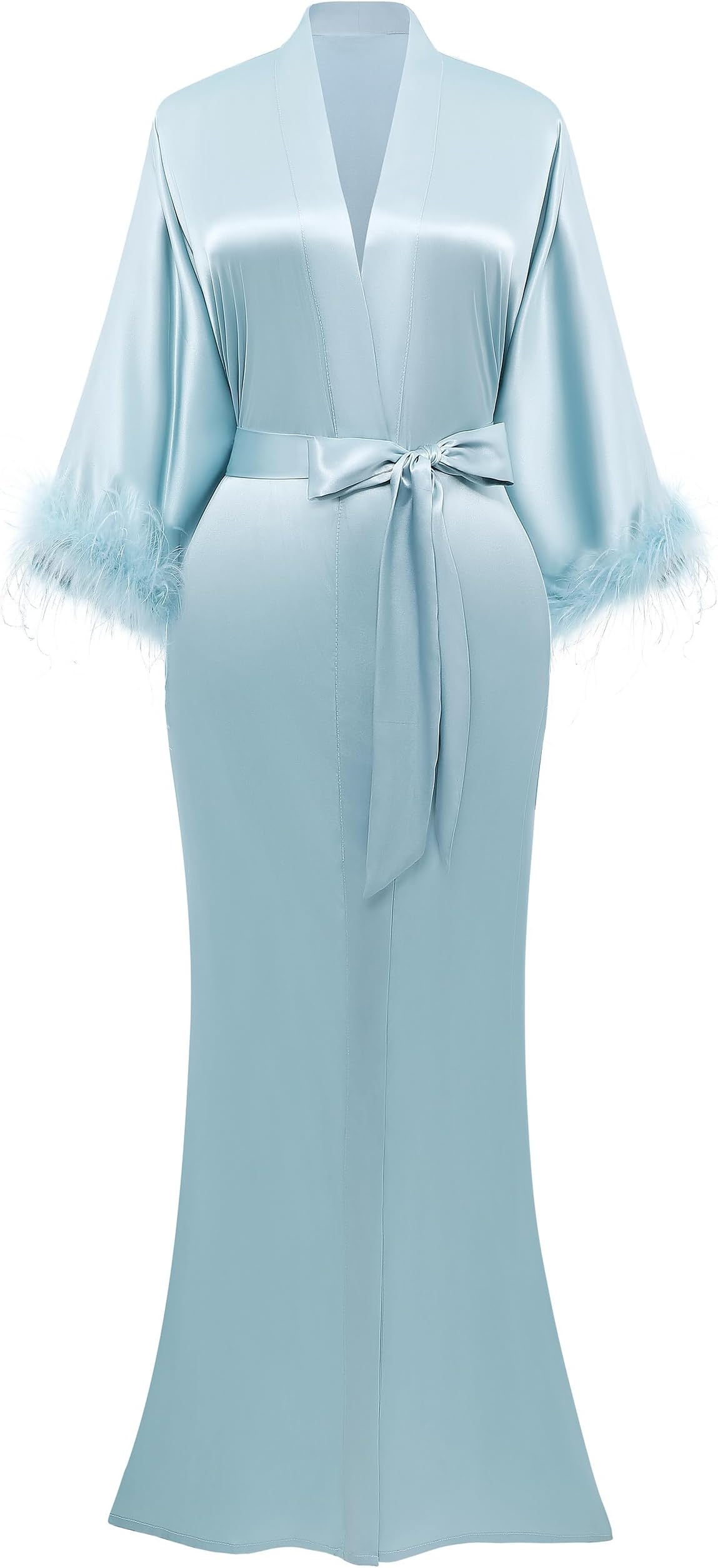 Satin Kimono Robe Long Silky Bathrobe with Ostrich Feather Trim Sleepwear Wedding Bridesmaid Dressing Gown