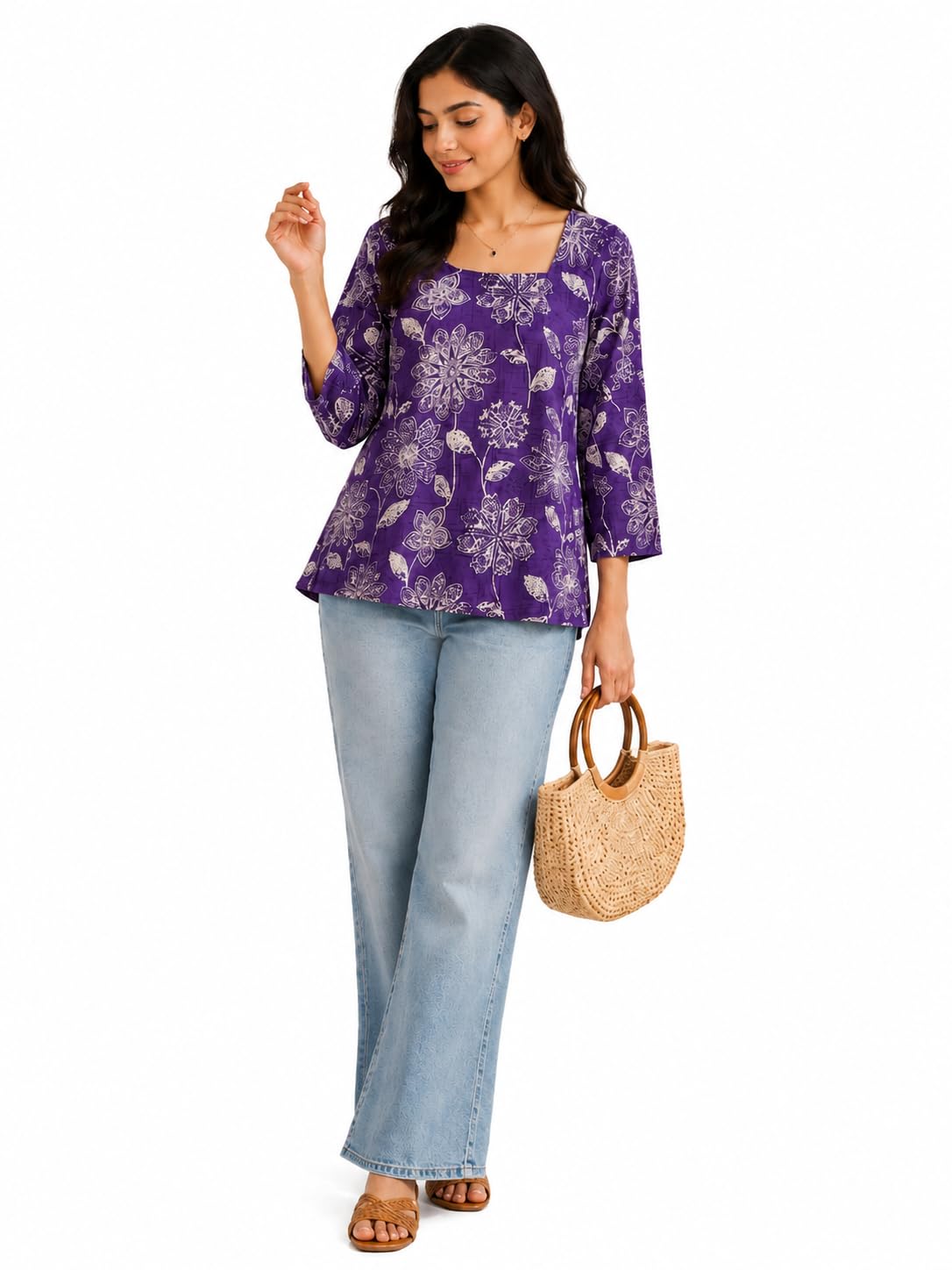 Jamuni Women's Jaipuri Pure Cotton Floral Printed Peplum Kurti | Square Neck | 3/4 Sleeves | Corset-Style Back Tie | Casual & Ethnic Wear-picture-11