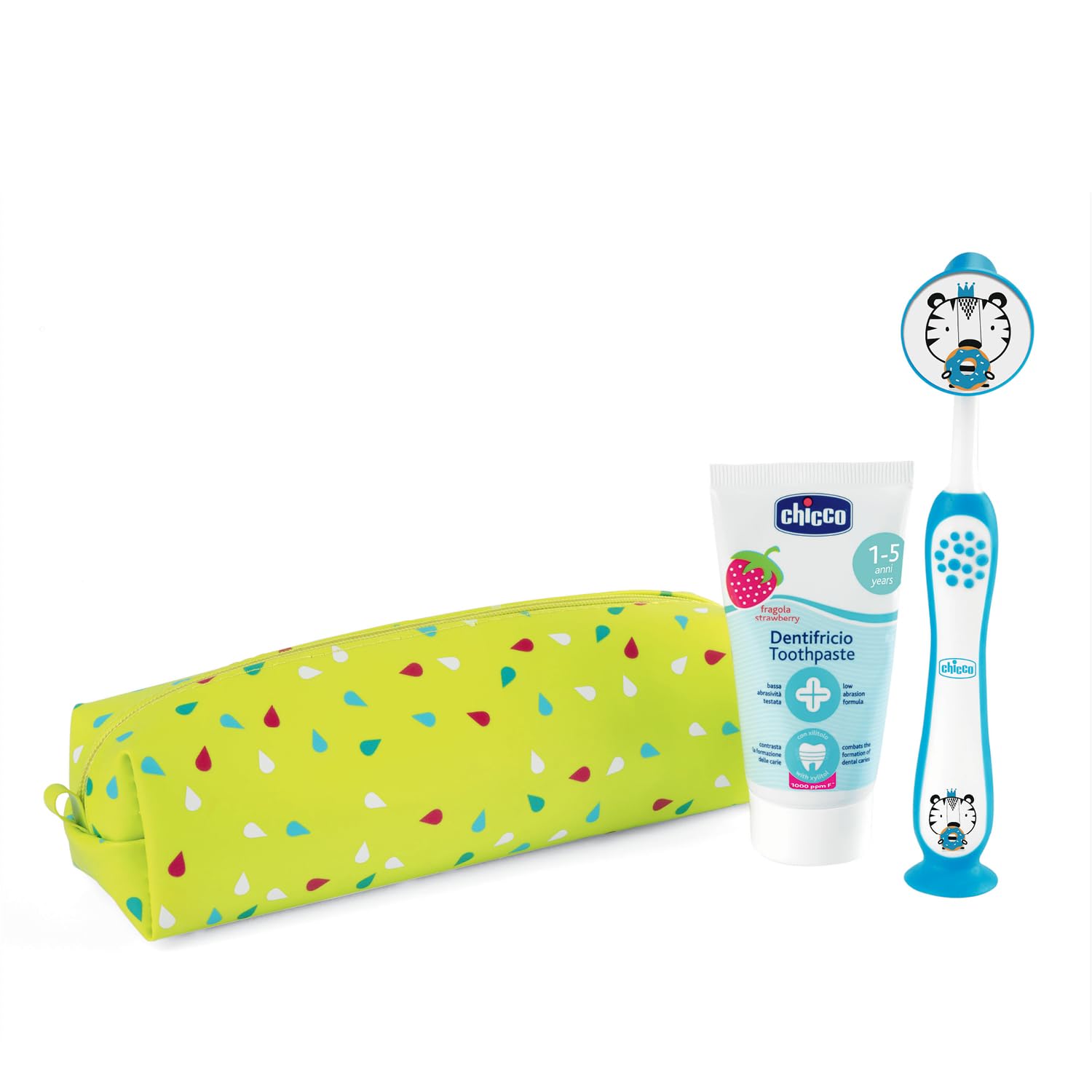 Chicco Set Spazzolino e Dentifricio per Bambini, Con Pratico Astuccio, Set Comprende Dentifricio Al Gusto Fragola e Spazzolino con Setole Morbide e Ventosa, Set da Viaggio, 3-6 Anni, Azzurro