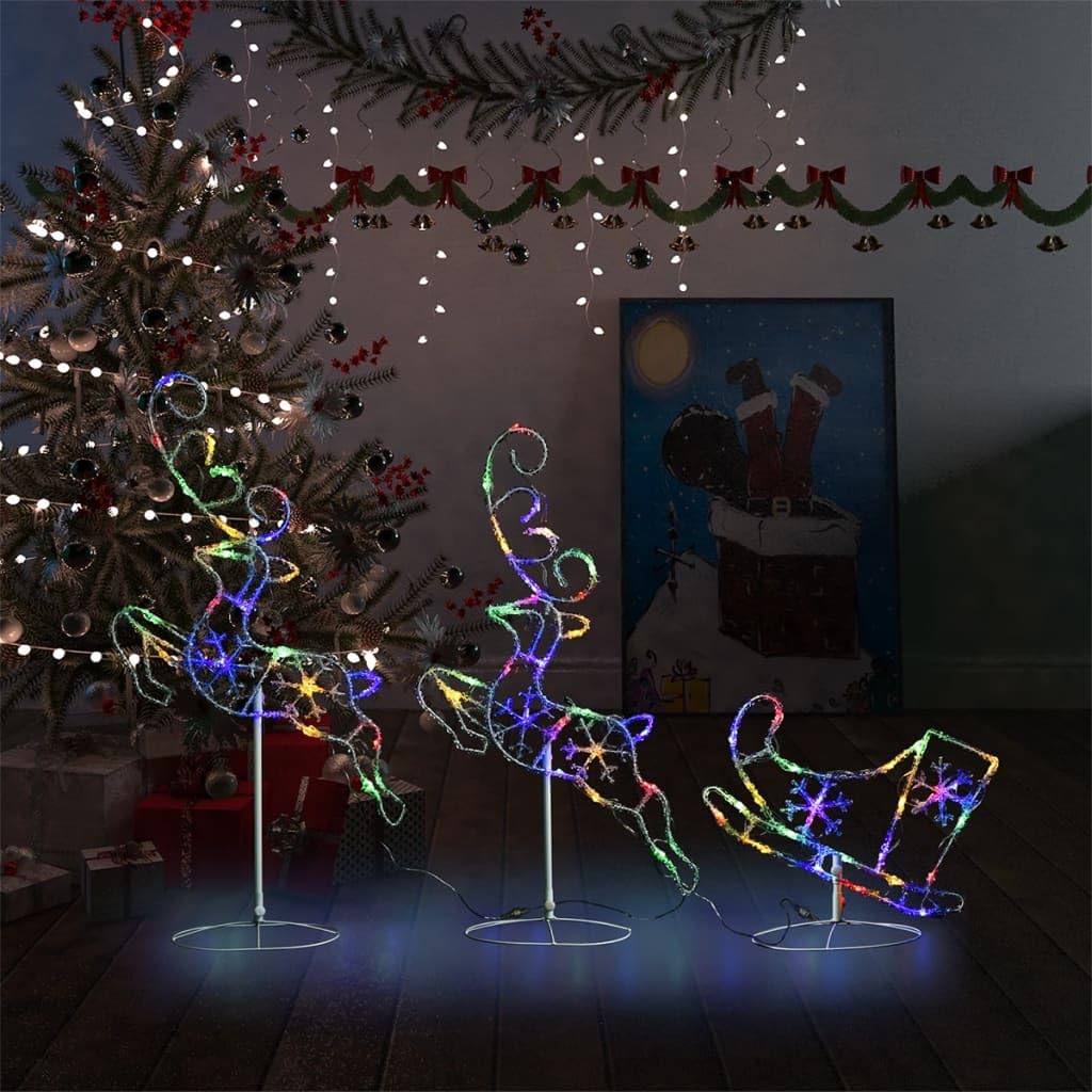 LED Weihnachtsdeko Rentier Familie mit Schlitten, 72 LEDs, 8 Lichteffekte, für Innen- und Außenbereich, 260x21x87 cm, Mehrfarbig