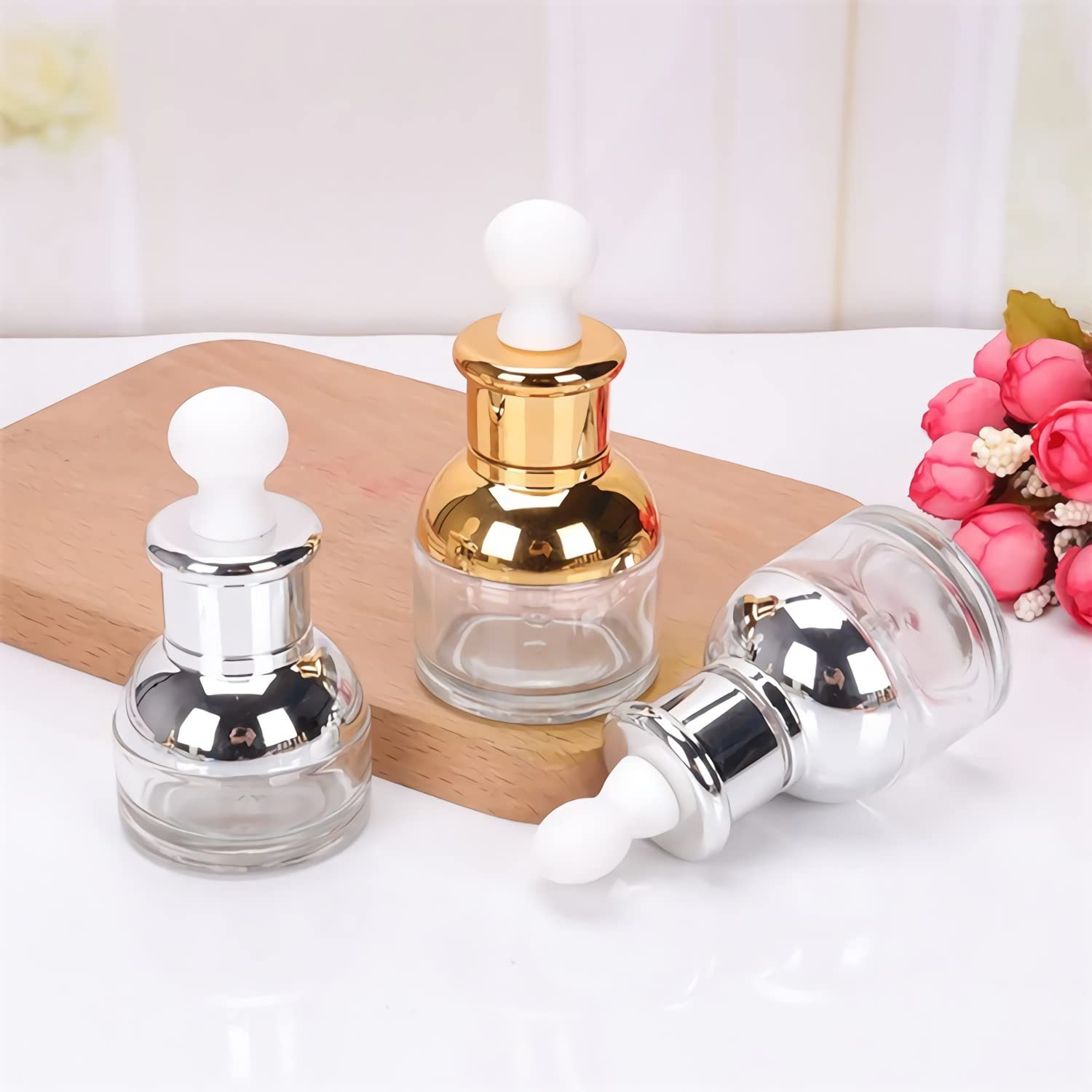 12 Pieza, Lujo 30ml Transparente Botellas de Cristal con Pipeta, Frasco Cuentagotas Cristal con Tapón de Rosca Oro para Aromaterapia Aceites Esenciales
