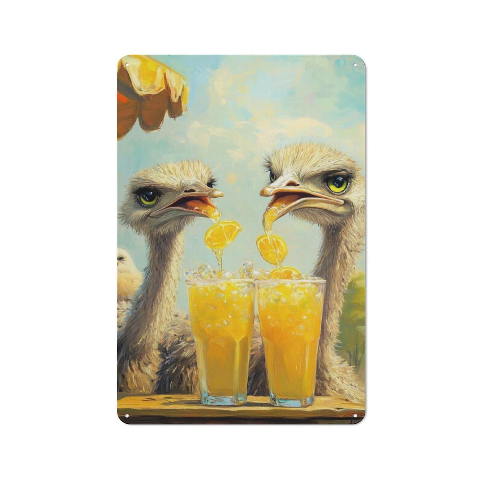 Junmoney Ostriches Enjoying Lemonade Retro Metal Sign 30X20cm For Garden Room Or Summerhouse, For Garden Room Decor Fans