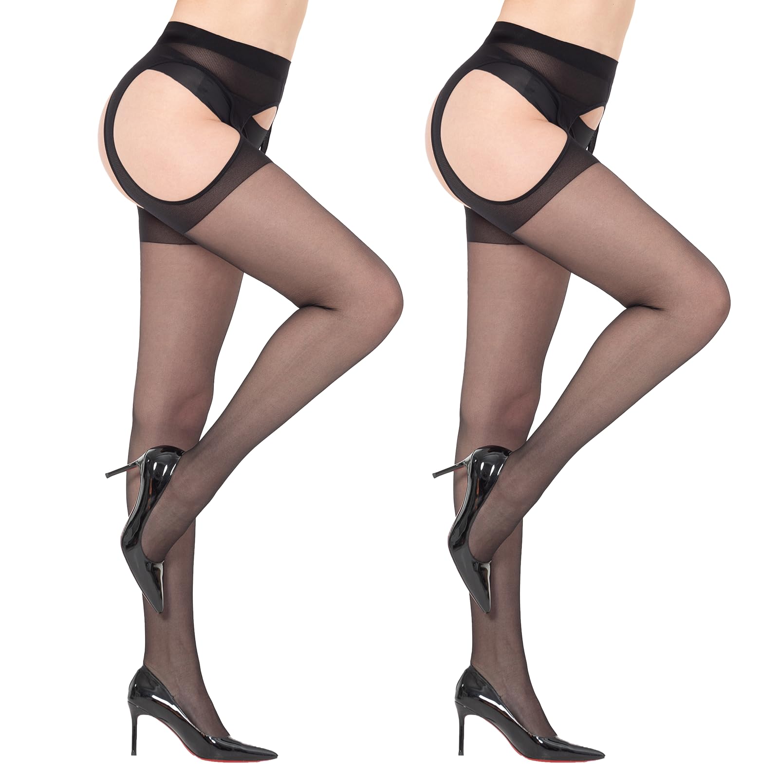 Manzi Women's Black Suspender Tights For Garter Belt Thigh High Stocking Tights 30D Sheer Crotchless Pantyhose M-L