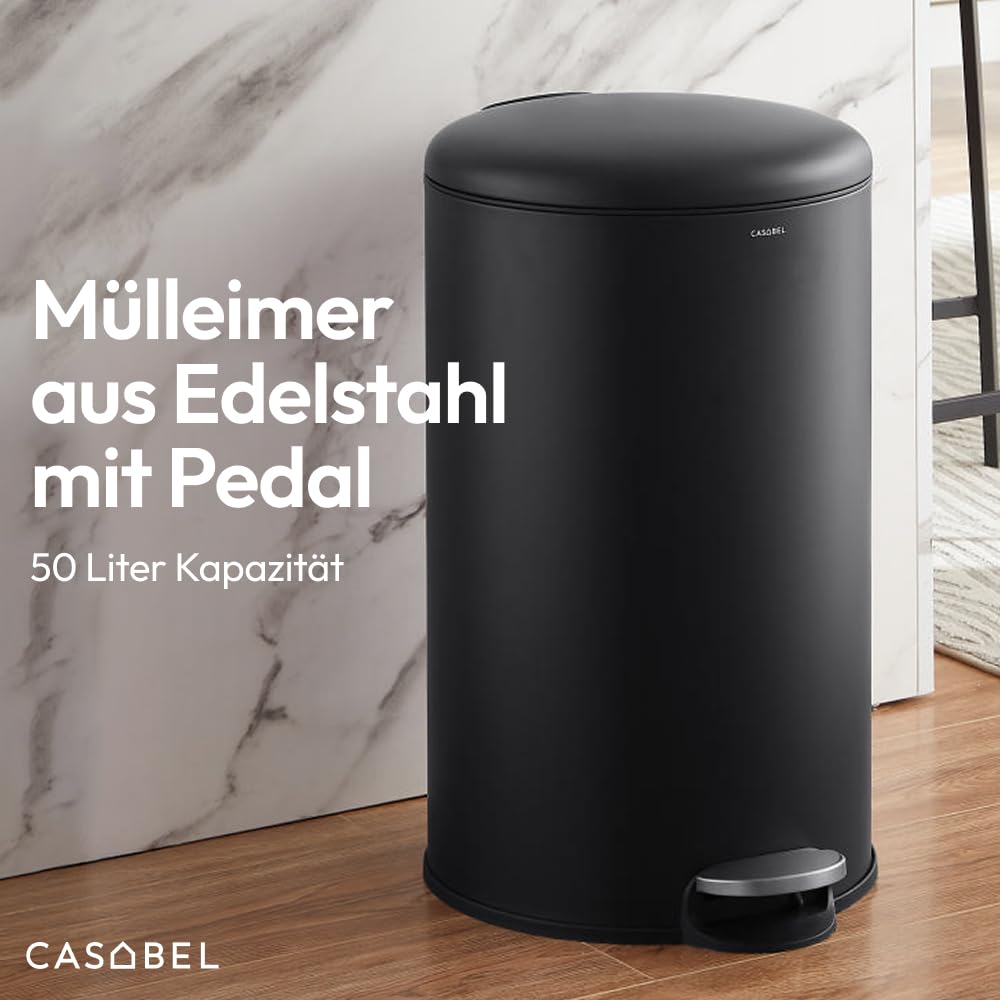 CASABEL runder Küchenabfalleimer 50L, Edelstahl, schwarz | Pedalöffnung, Soft-Close, fingerabdruckresistenter Edelstahl, Beutelhaltering, Tragegriff, pflegeleicht