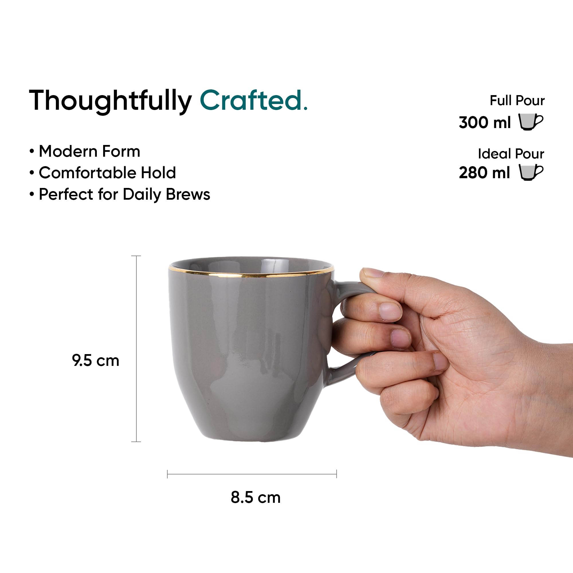 Shay Keramik-Kaffeetassen-Set, 6-teilig, 300 ml, Blaugrün, mittlere Tasse, glänzende Oberfläche, Steingut, Kaffeetassen-Set, Keramiktasse, mikrowellengeeignet (Blaugrün, Gold, Milchbecher, 6er-Set)