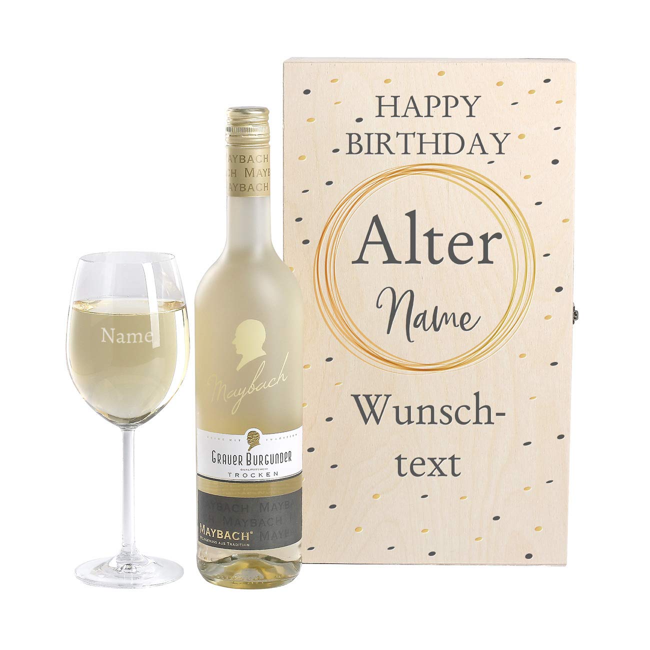 Herz & Heim® Maybach Wein-Geschenkset mit graviertem Weinglas und Weißwein zur Auswahl ein edles Geburtstagsgeschenk Grauer Burgunder/Rivaner