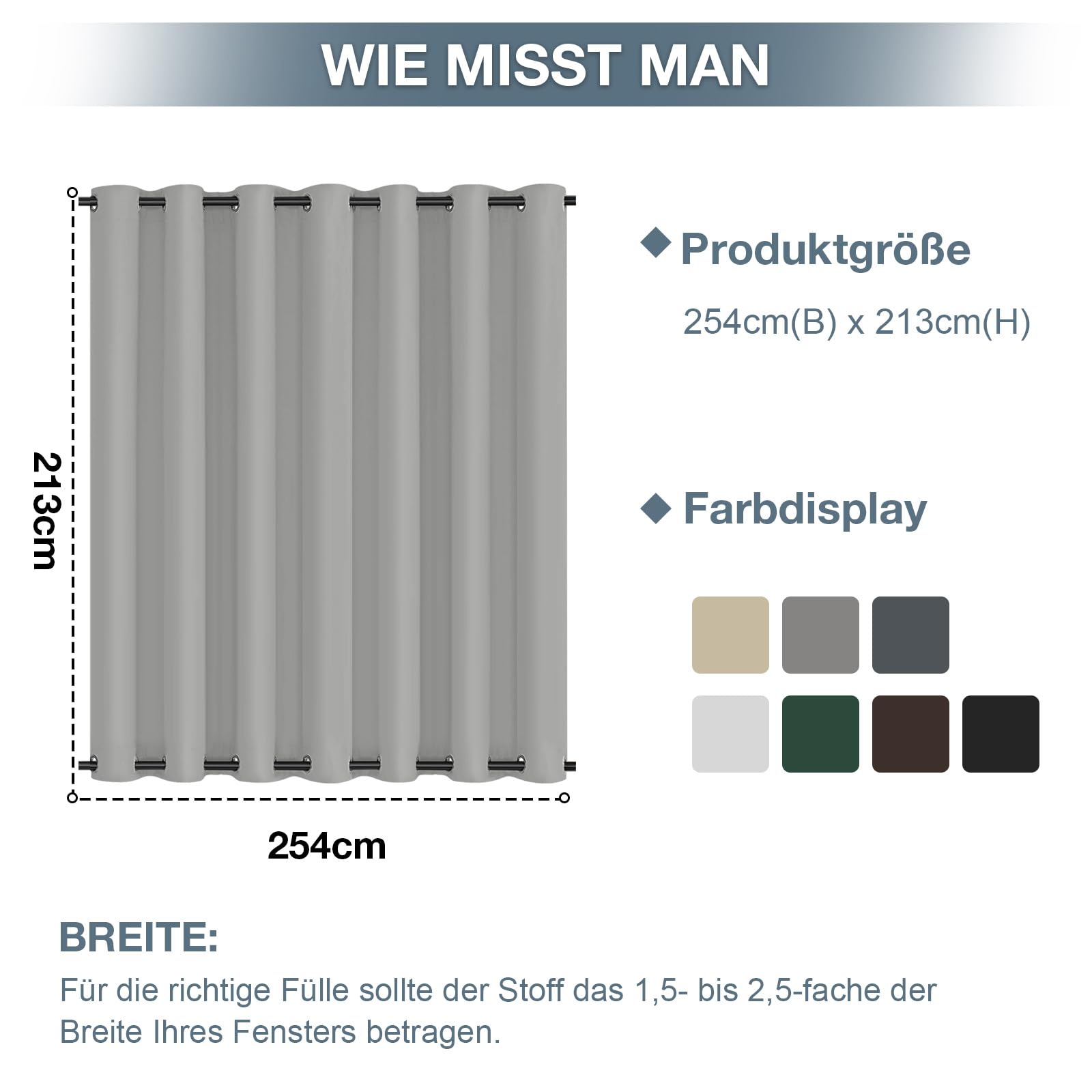 Outdoor Vorhang Wetterfest B254xH213CM, Wasserdicht Outdoorvorhänge mit Ösen, Aussen Gardinen Winddicht Sonnenschutz Sichtschutz für Garten Terrasse Balkon Pergola Pavillon (Hellgrau)