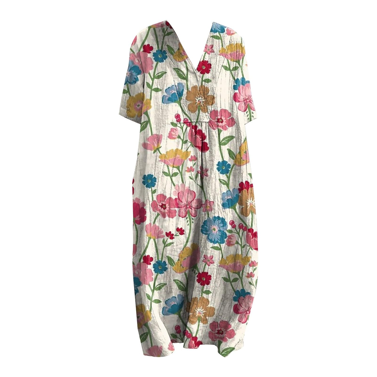 Robe Ete Femme Mi Longue Fluide Chemisier Robes Manches Courtes Casuel Ample A-Line Imprimé Fleur Robes Col en V Soiree Grande Taille Robe Été Femme Longue Décontractée Dresses Fête Travail