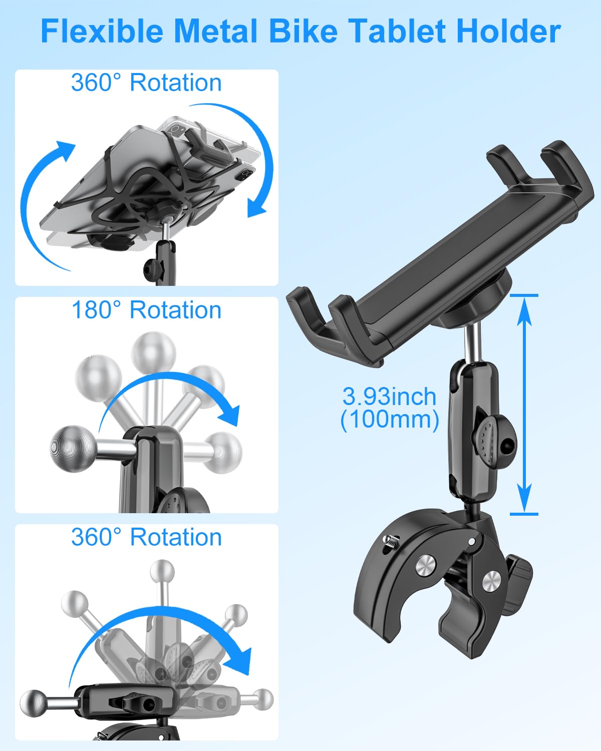 Support de tablette en métal pour iPad - Pour barre de fauteuil roulant, chariot de golf, poussette, vélo de fitness, vélo de route, VTT - Pince de guidon réglable à 360 ° pour iPad Pro, Air