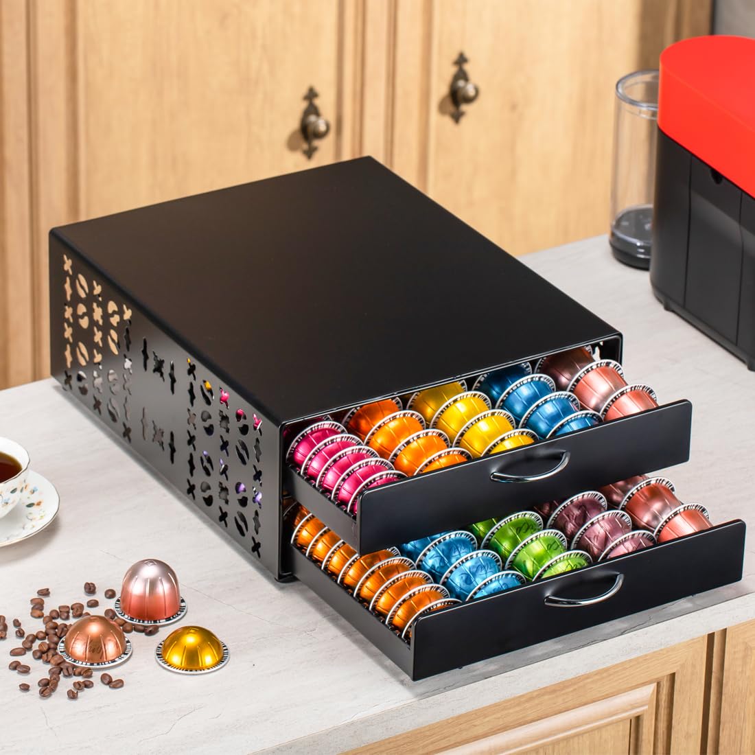 Flagship Vertuo Kapselhalter, Kaffee-Aufbewahrung für Nespresso-Organizer, große Kapazität, 2-stöckige Schublade, passend für alle Vertuo-Kapseln Küche, Haushalt & Wohnen