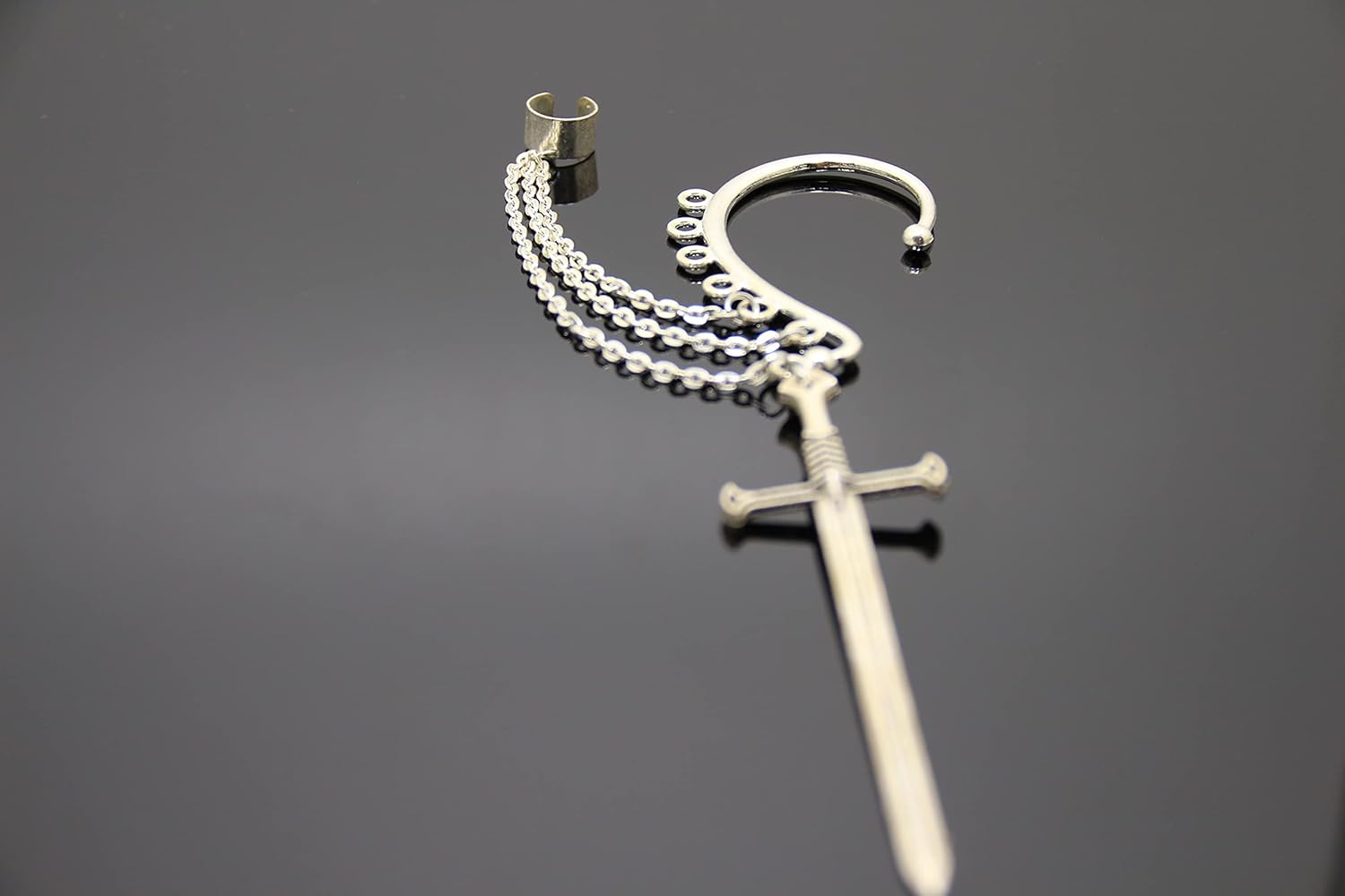 Sword cuff earrings, Handmade No piercing ear wrap, Pirate cosplay jewelry, Big dagger ear cuff, Fake cuff with knife charm, Statement Gothic earring