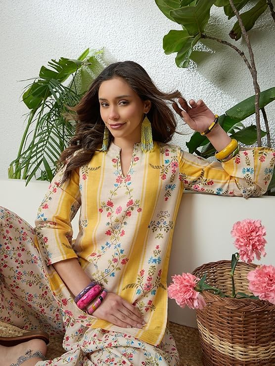 Image of EthnicJunction Women's Linen Floral Print Summer Wear Straight Short Kurti with Afghani Pant Set | Co Ord Set for Women Stylish | Fusion wear Women
