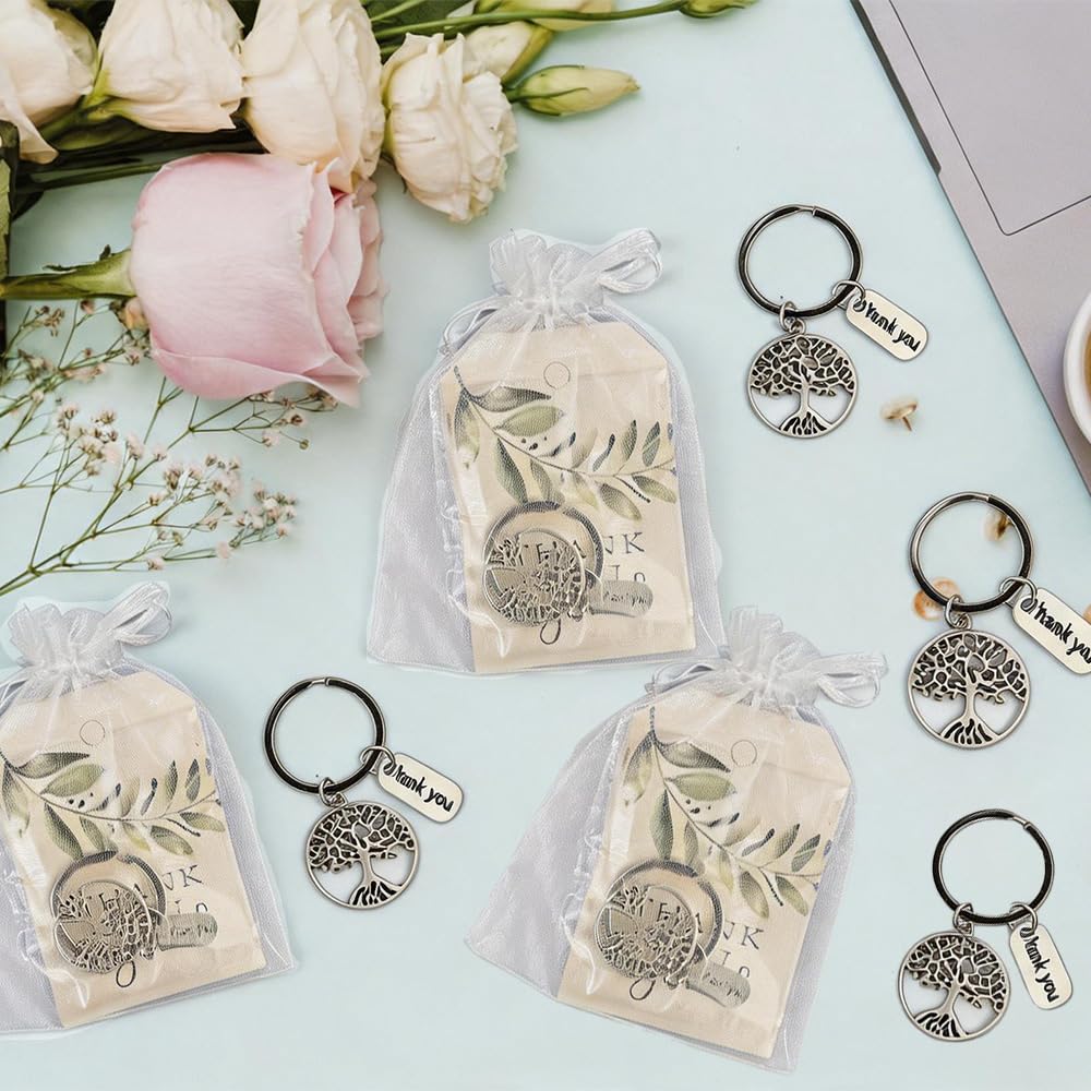 24 Pezzi Portachiavi Albero Della Vita con 24 Sacchetti Organza e Biglietti di Apprezzamento Sacchetti Albero Della Vita Portachiavi di Ringraziamento per Famiglia,Insegnanti,Laurea