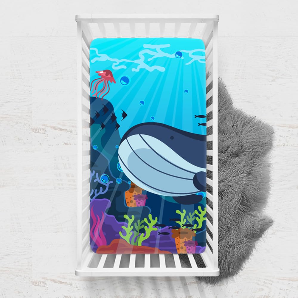 Odot Cot Bed Sheets, Ocean Print Bedside Cribs Fitted Sheets, Baby Bed Sheets Microfiber Cot Bed Mattress Protector, Bassinet Sheets, Easy Care Soft and Dureable (Whale,65x95 cm)