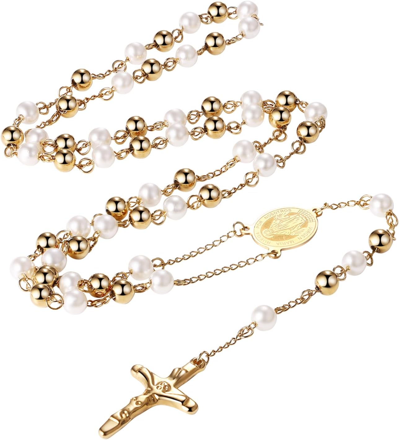 Religious Rosary Beaded Cross Necklace: Christian Beaded Stainless Steel Pearl Virgin Mary Medallion Y Necklace Jewelry Gifts for Women Men