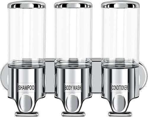 Dispensador de champú y acondicionador, dispensador de jabón de ducha de 3 cámaras de 50.7 fl oz con ventana transparente, instalación sin taladrar