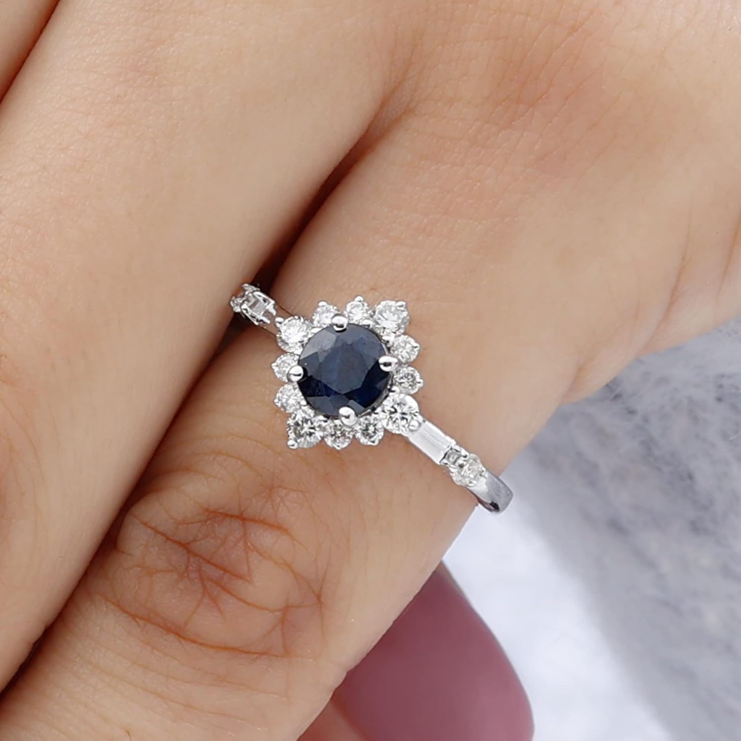 Natural Blue Sapphire Diamond Halo Engagement Ring, AAA Quality, 5mm Round Sapphire Ring For Women - With Jewelry Box