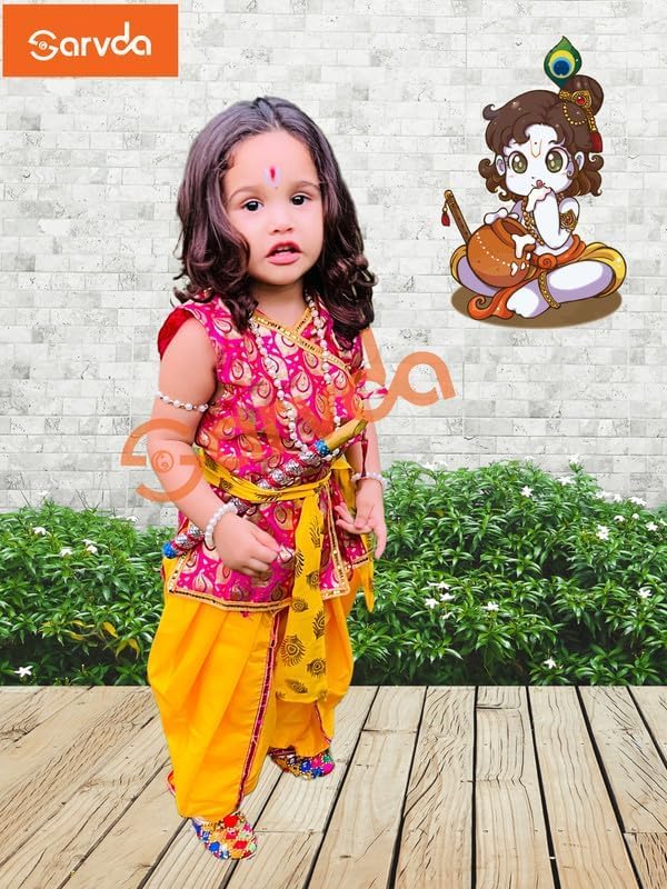 Image of Sarvda Shree Krishna Dress for Baby Boy & Radha Dress for Girls | Janamashtami Dress | Fancy Dress Costume with Accessories Dhoti, Dupatta, Mukut Flute Complete set, Ethnic wear