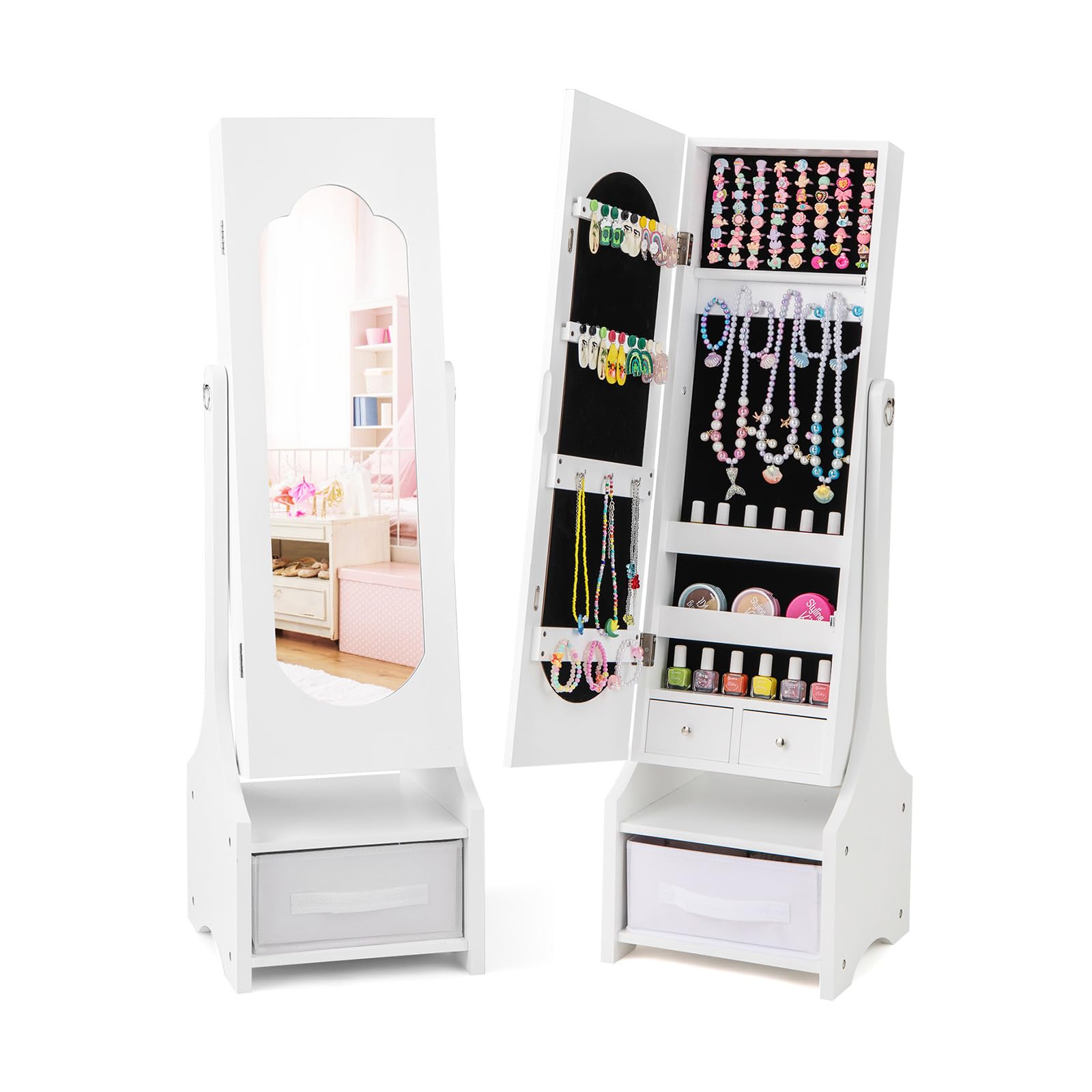 CHEFJOY Kids Jewelry Armoire Cabinet, Children Dressing Organizer with Mirror Full-Length & 3 Storage Drawers, Free Standing Princess Make Up Vanity for Girls Room, Bedroom (White)