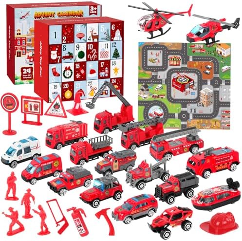 Vexyra Adventskalender 2026 Kinder Feuerwehrauto, 24 Tage Weihnachtskalender Jungen mit 18 Fahrzeugen & Zubehör, Feuerwehr, Krankenwagen, Boot, Flugzeug, Auto Spielzeug Geschenk fü