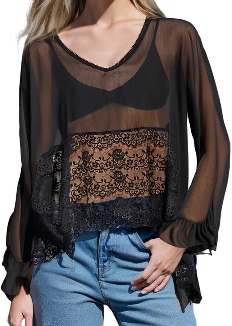 Women Boho Flowy Lace Blouse Long Sleeve Crew Neck See Through Ruffle Sheer Tops - Image 3