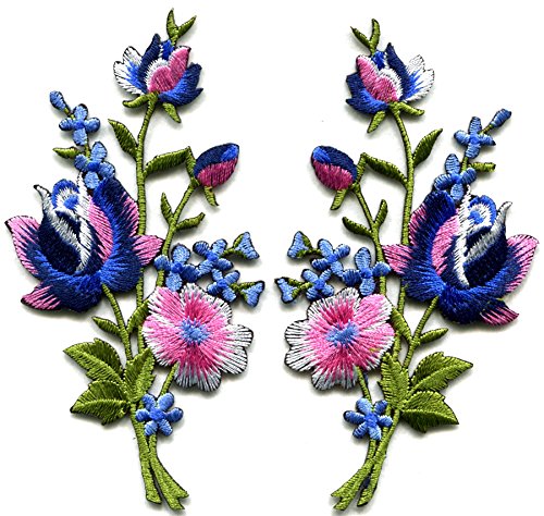 Pink blue roses pair flowers floral bouquet boho embroidered appliques iron-ons patches new