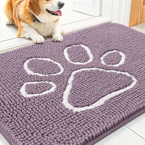 Image of Smiry Dog Door Mat for Muddy Paws, Absorbent Dirt Trapper Non Slip Quick Dry Washable Chenille Mat for Mud Dogs, Entry Rug for Indoor and Outdoor (30x20 Inches, Deep Plum and White)