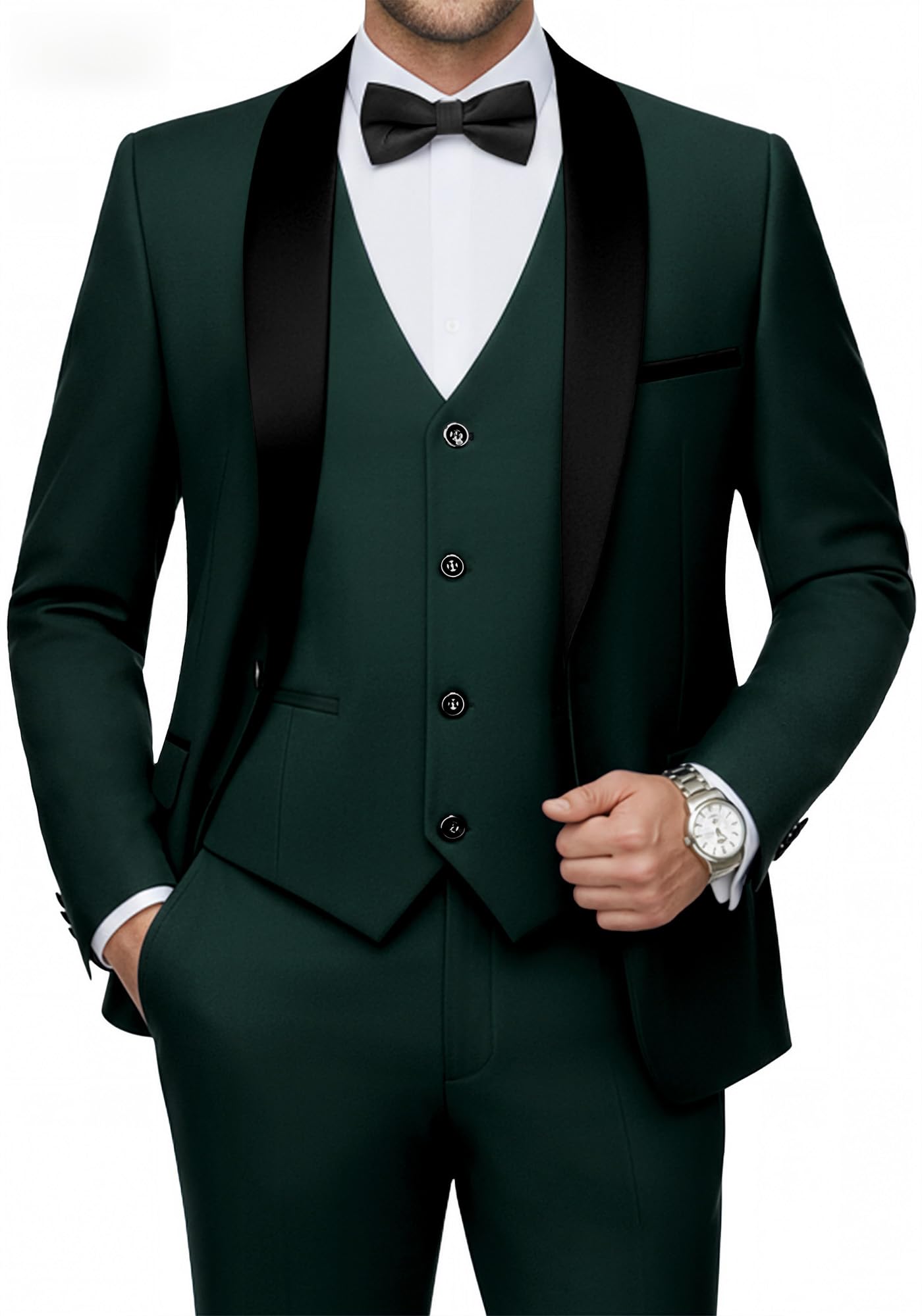 Herren 3-teiliger Slim Fit Smoking Anzug mit 1-Knopf-Sakko, Schalrevers, Sakko Weste Hose Set für Hochzeit & Prom