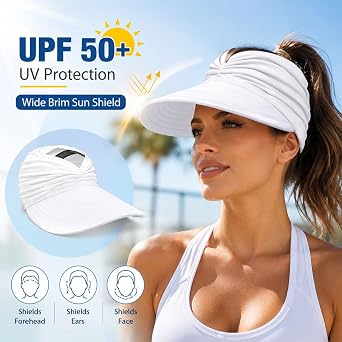 Women's UPF 50+ UV Protection Sun Visor Hat, Wide Brim Lightweight Foldable Ponytail Cap for Summer Beach