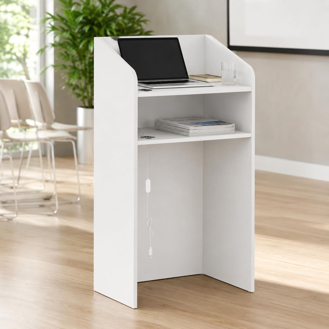 Comptoir de réception avec éclairage LED et étagère d'exposition, Table de Caisse avec 2 Compartiments de Rangement, Petit comptoir de réception pour Bureau, Magasin, Salon, 59 x 39 x 109 cm