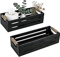 Ayxeute 2-Pack Rustic Wooden Toilet Tank Organizers - Anti-Slip Storage Crates with Rope Handles for Bathroom, Kitchen, Living Room