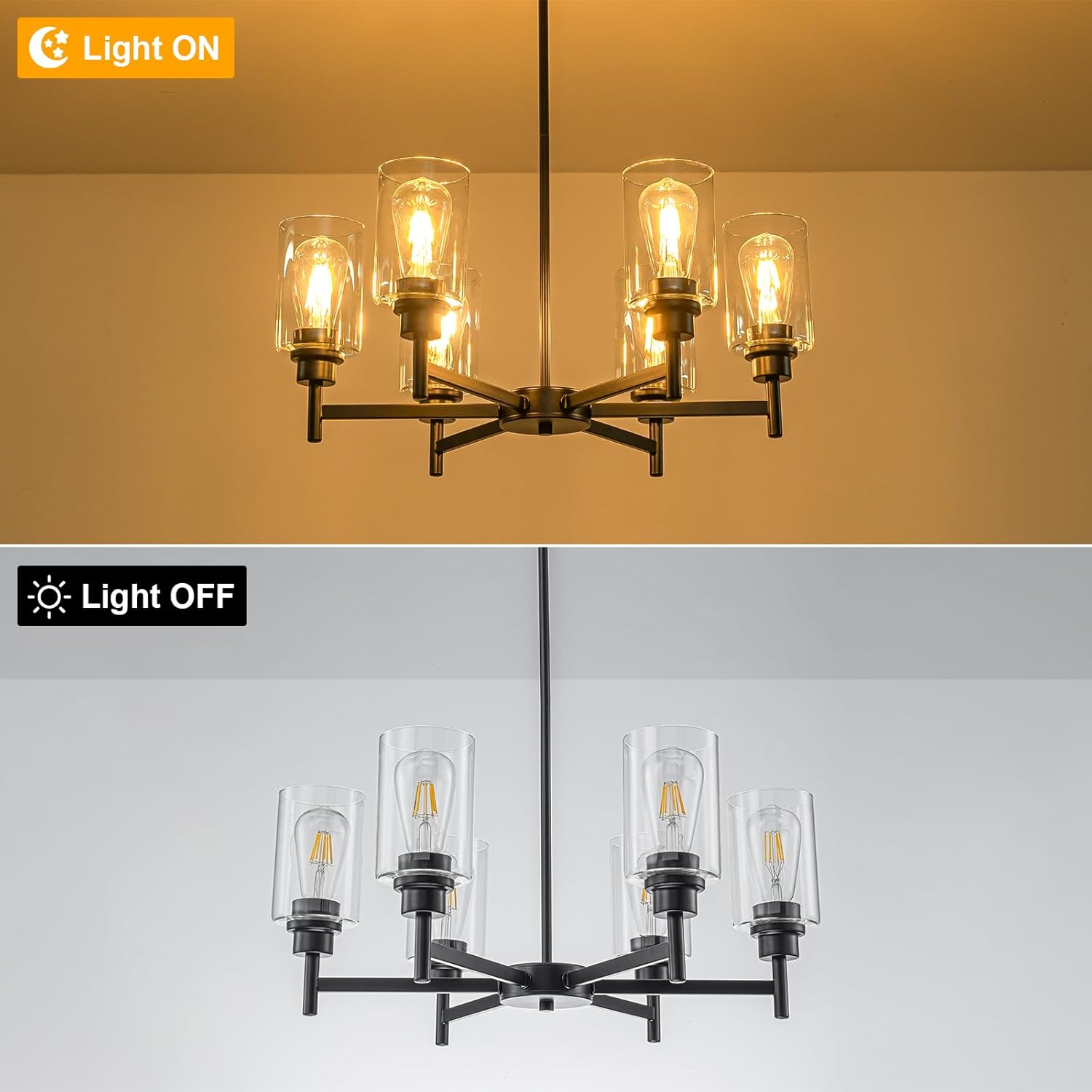 Farmhouse Chandeliers for Dining Room Matte Black Chandelier 6 Light Dining Room Light Fixture with Clear Glass Shades Gold Pendant Lights for Kitchen Island Living Room Entryway Staircase