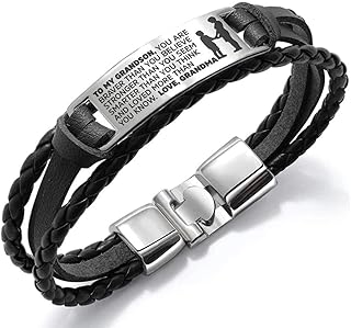 To My Grandson Bracelets, Stainless Steel Leather Inspirational Wristband, Grandson Bracelet From Grandma, Grandson Gift