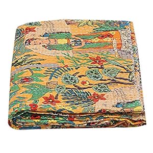 Janki Creation Indiase gele Kantha Bohemian sprei, Kantha deken, Bohemian beddengoed, Ac Quilt, Ac Dekbed (90 x 108…