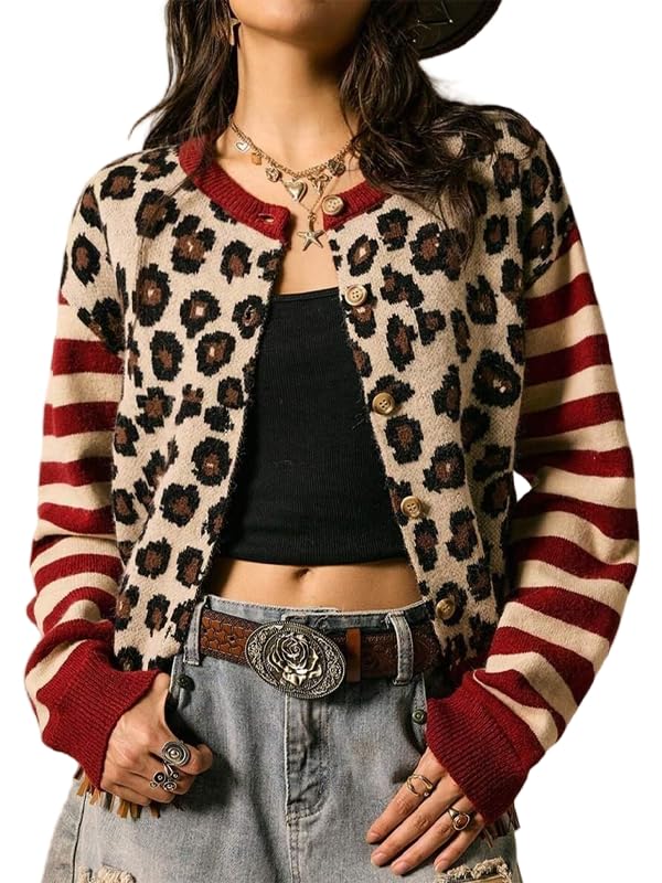Womens Vintage Leopard Striped Patchwork Cardigans Cozy Cropped Fall Winter Sweaters 2025