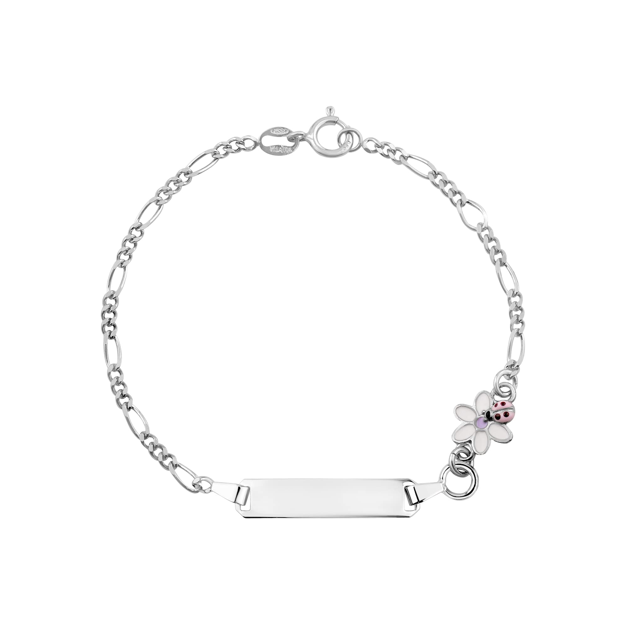 UNICORNJ 925 Italy Sterling Silver Child or Baby Name Bracelet Girls Boys, Personalized Engraved Kids ID Bracelets, 6.5" Figaro Chain, Enamel Charm Newborn Infant Toddler Kid Jewelry
