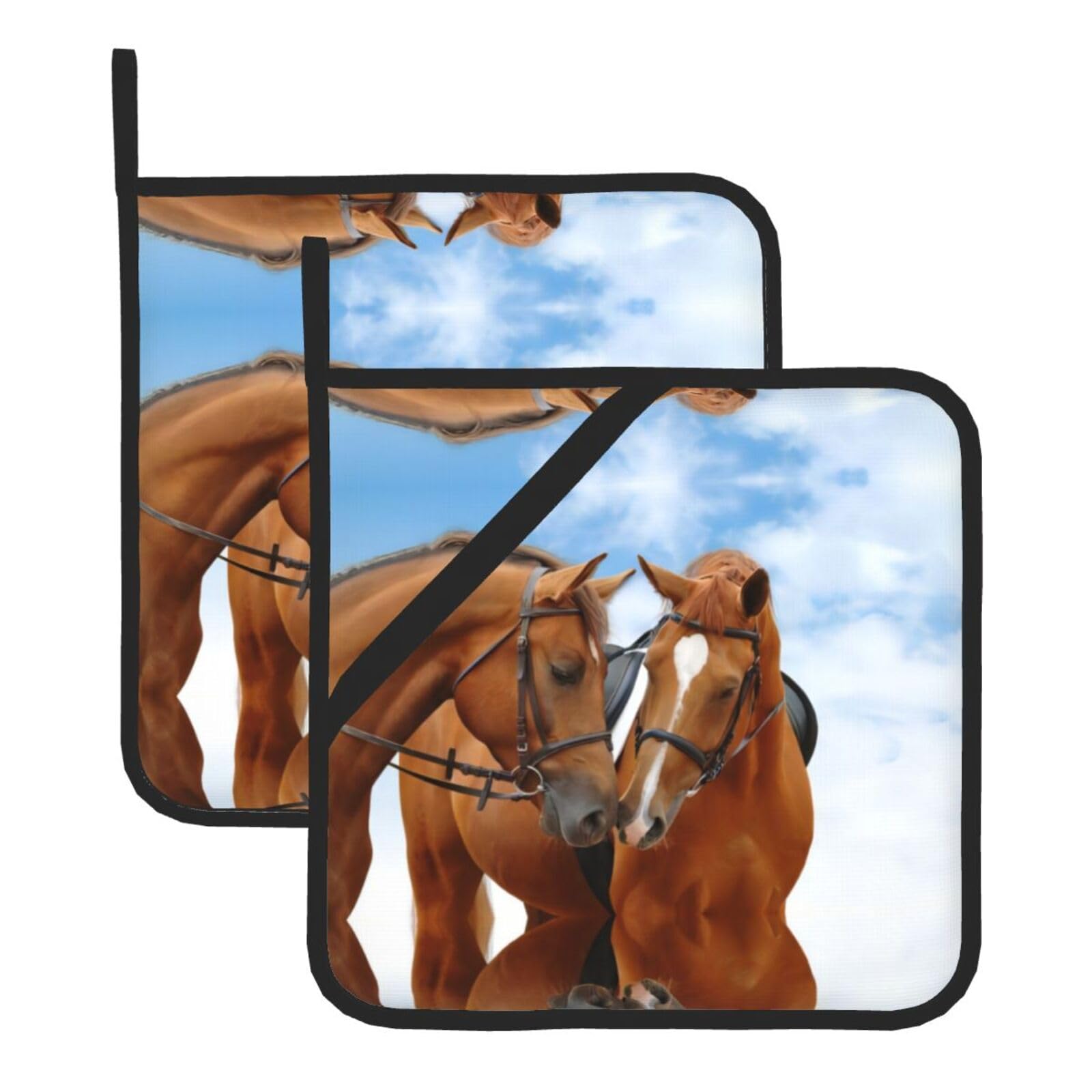 YYHWHJDE Couple Horse Prints Square Hot Pads for Kitchen Counter - Waterproof Pot Holders with Hanging Loop, Durable Trivets for Microwave Oven - 2 Pack