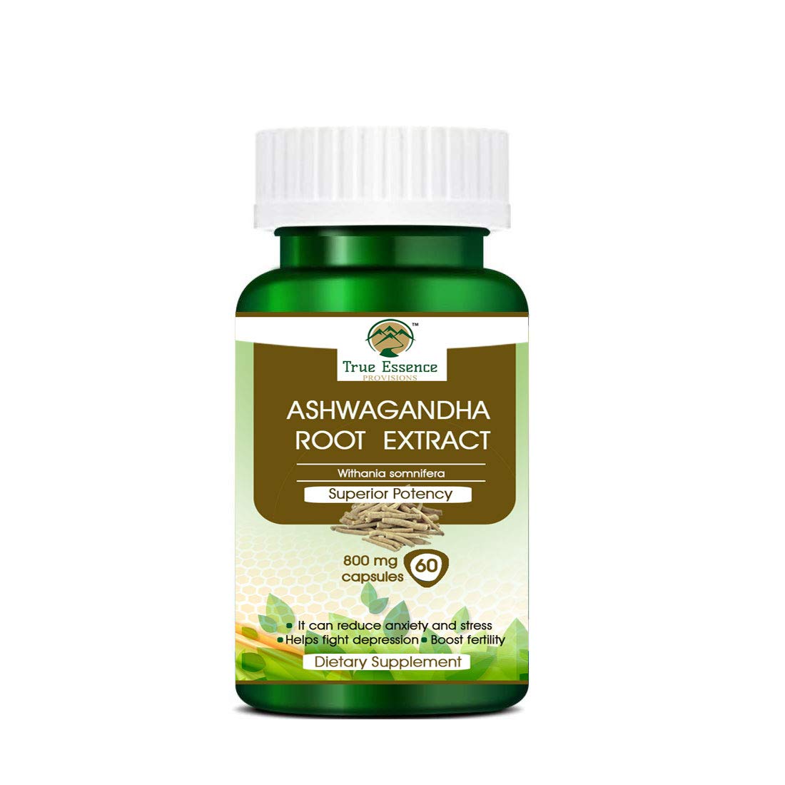 True Essence Provisions Ashwagandha Root Extract Withania Somnifera 60 PCS. Veg Capsule (800 mg)