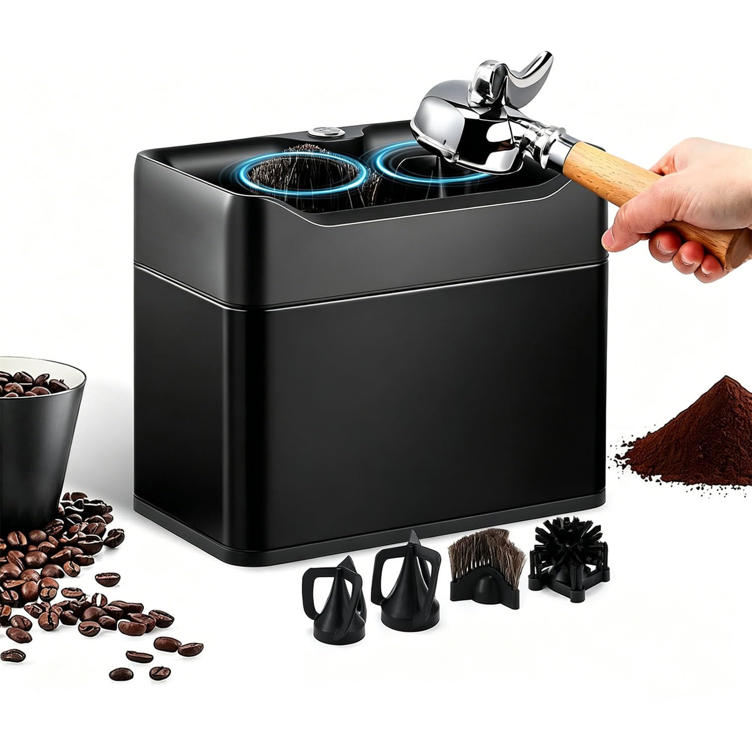 Automatic Portafilter Cleaning Machine with 2 Scrapers for 58mm Use Black