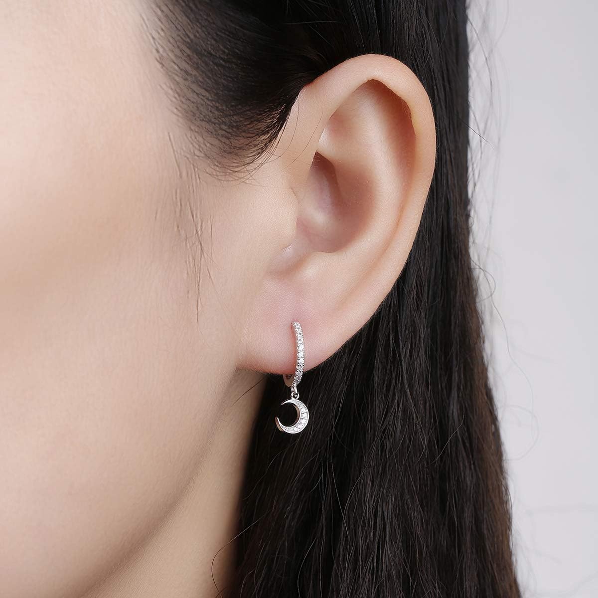 Dainty Hoop Dangle Earrings for Women, Small Hoop Earring with Charm - Moon Star, Spike, Evil Eye, Sterling Silver Huggie Drop Earrings for Her - Image 2