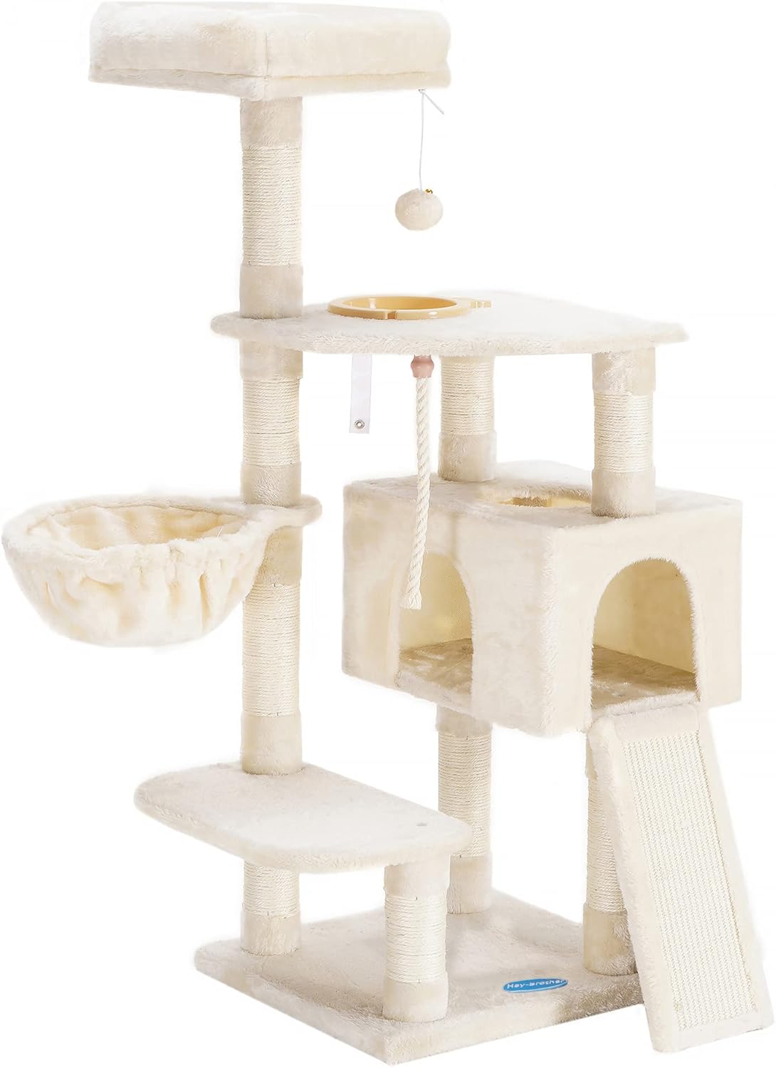 Hey-brother Árbol para Gatos con comedero, Torre para Gatos de Interior, Poste rascador Grande con Hamaca, Cueva para Gatos XXL, Beige EMPJ010M