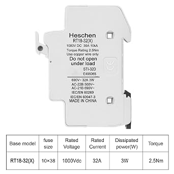 Heschen Solar Photovoltaic Fuse Holder 2P DC1000V 32A 10x38mm DIN Rail