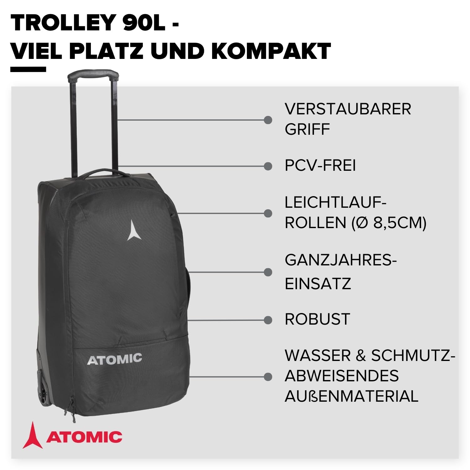 ATOMIC Trolley 90L Reisetasche - Schwarz - Hochwertige Reisetasche mit Rollen - Koffer zum Skifahren - Trolley mit Mehreren Fächern - Wasser- & schmutzabweisender Reisekoffer