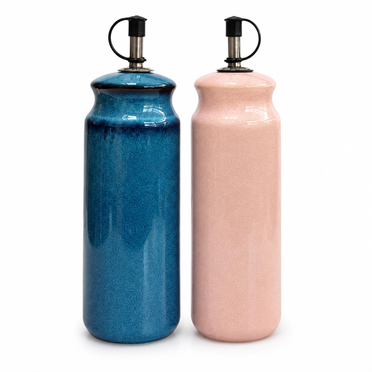 Upper Street Pink And Blue Set Of 2 Reactive Glaze Ceramic Oil And Vinegar Bottles | 375Ml | Stainless Steel Pourers | Kitchen Gift | Scandi Home